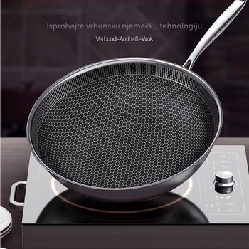 Wok od 304 nehrđajućeg čelika, dizajn pčelinjih ćelija, neprijanjajući premaz, plazma premaz, dno s jednim dnom