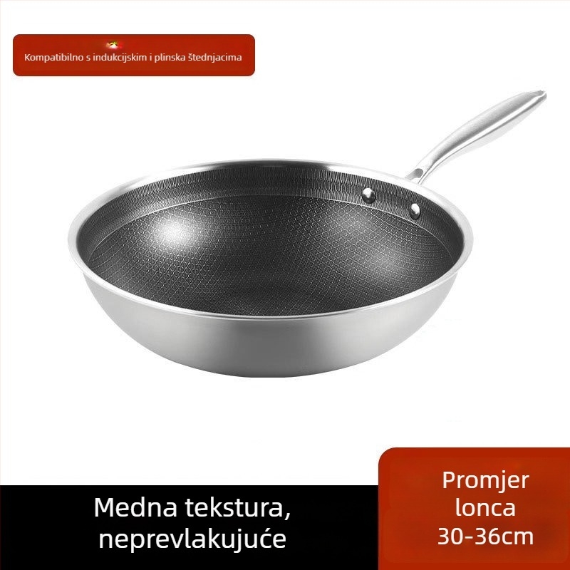 Wok od 304 nehrđajućeg čelika, dizajn pčelinjih ćelija, neprijanjajući premaz, plazma premaz, dno s jednim dnom