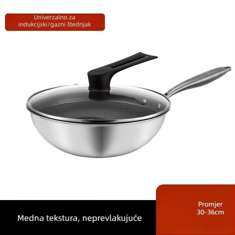 Wok od 304 nehrđajućeg čelika, dizajn pčelinjih ćelija, neprijanjajući premaz, plazma premaz, dno s jednim dnom