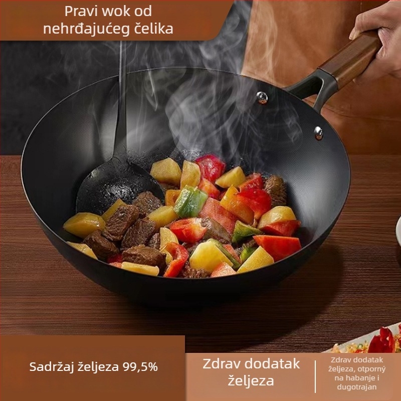 Wok od rafiniranog željeza s nitridiranjem, bez premaza, model TG001, težina 3,2 kg