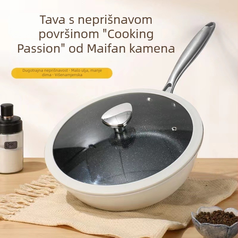 Tava za prženje s Maifan kamenjem, školjkasti dizajn, bez premaza, dvostruko dno, stakleni poklopac, višefunkcionalna