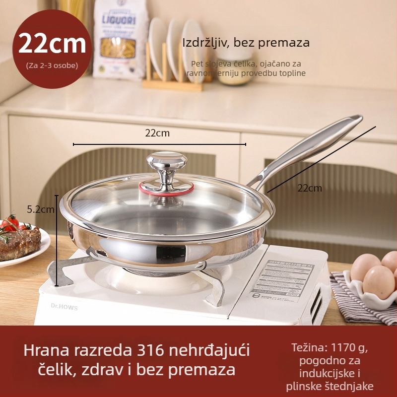 Tava s ravnim dnom od 316 nehrđajućeg čelika, bez premaza, prehrambene klase, debela, kompatibilna s indukcijskom pločom