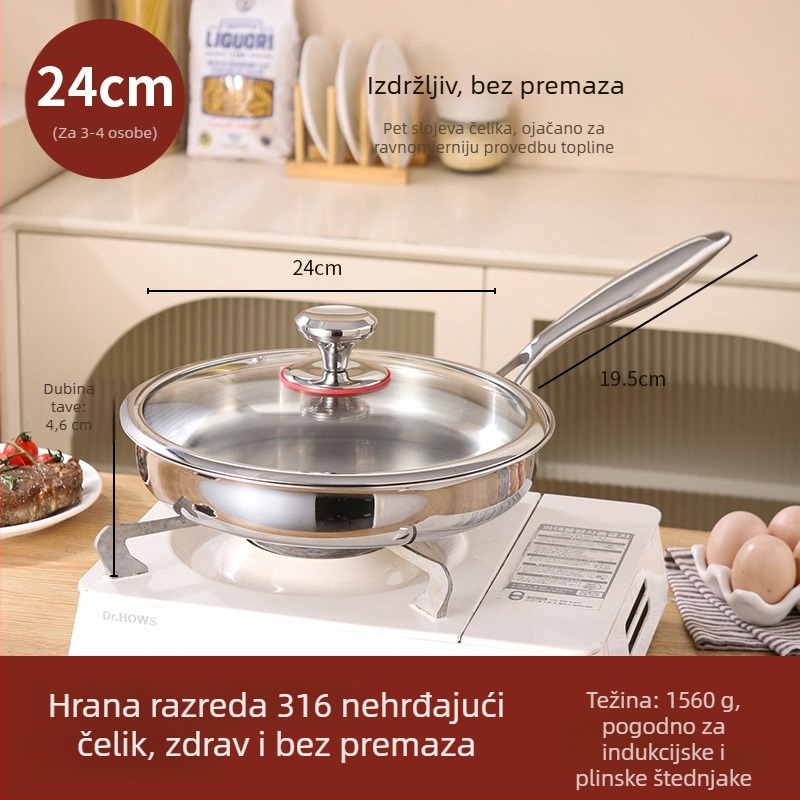 Tava s ravnim dnom od 316 nehrđajućeg čelika, bez premaza, prehrambene klase, debela, kompatibilna s indukcijskom pločom