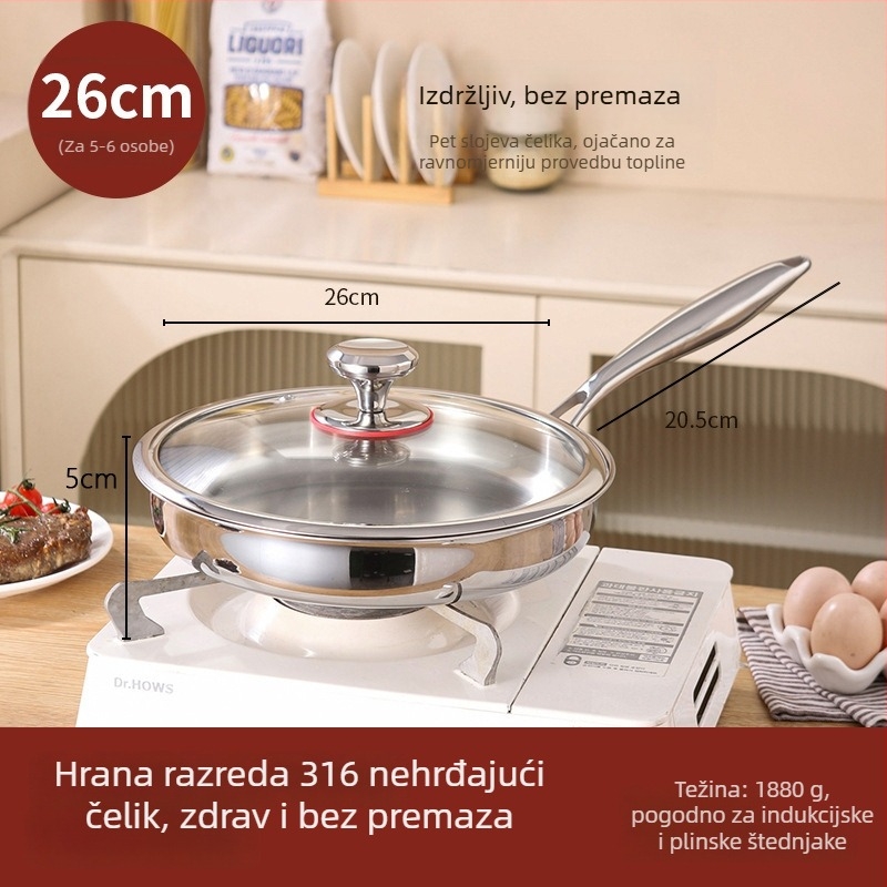 Tava s ravnim dnom od 316 nehrđajućeg čelika, bez premaza, prehrambene klase, debela, kompatibilna s indukcijskom pločom