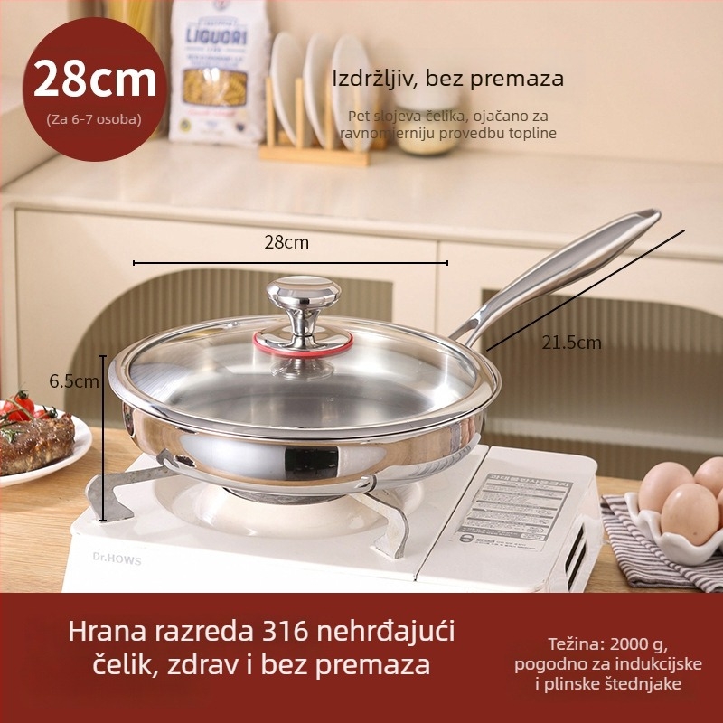 Tava s ravnim dnom od 316 nehrđajućeg čelika, bez premaza, prehrambene klase, debela, kompatibilna s indukcijskom pločom