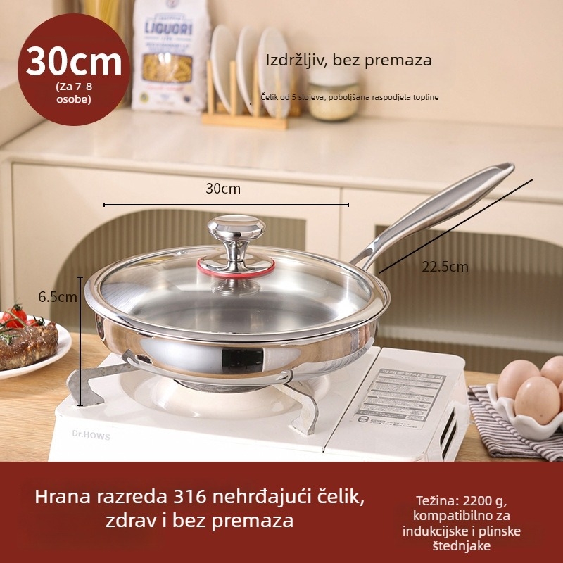 Tava s ravnim dnom od 316 nehrđajućeg čelika, bez premaza, prehrambene klase, debela, kompatibilna s indukcijskom pločom