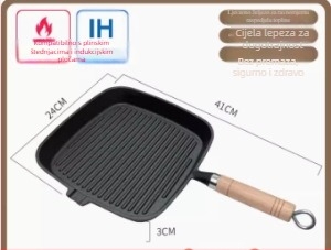 Tiganj za prženje s ravnim dnom od lijevanog željeza, model NPJG, dubina 3 cm, težina 1 kg, bezdimni