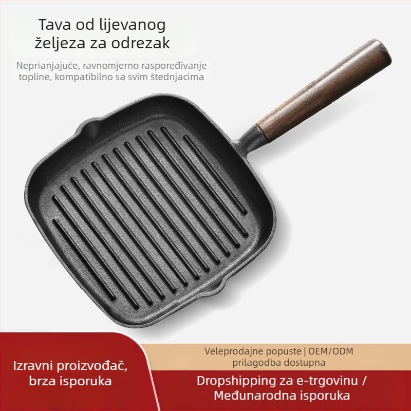 Tiganj za prženje s ravnim dnom od lijevanog željeza, model NPJG, dubina 3 cm, težina 1 kg, bezdimni