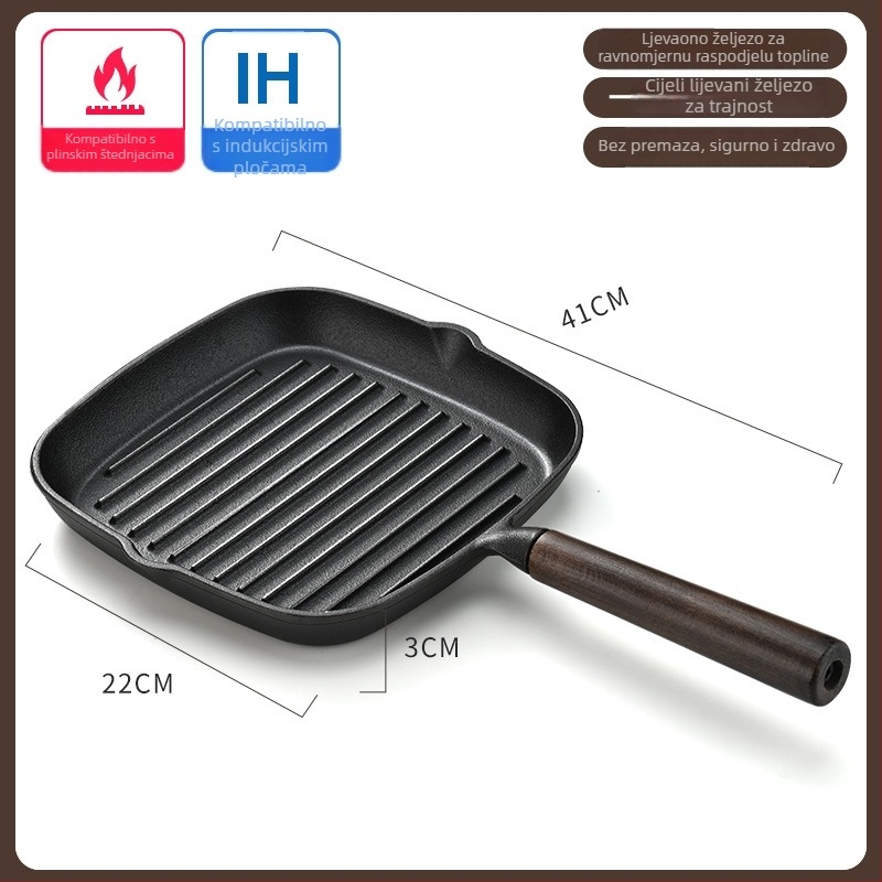 Tiganj za prženje s ravnim dnom od lijevanog željeza, model NPJG, dubina 3 cm, težina 1 kg, bezdimni
