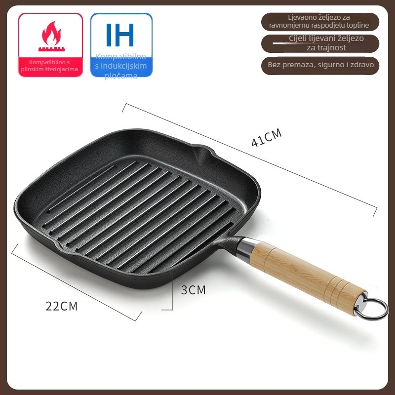 Tiganj za prženje s ravnim dnom od lijevanog željeza, model NPJG, dubina 3 cm, težina 1 kg, bezdimni