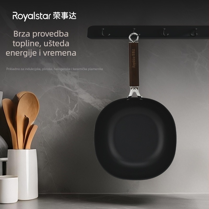 Kvadratni wok tiganj s neprijanjajućim premazom, ferro-titan materijal, višeslojno dno, stakleni poklopac, model AKX001