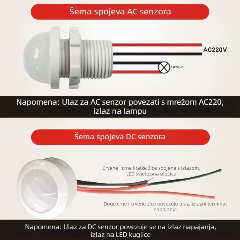 Infračveni modul senzora tijela s inteligentnim kašnjenjem za upravljanje rasvjetom, sa senzorom svjetla; kašnjenje 30–40 s; napon 110–240 V AC ili 12–36 V DC; pogodan za ormariće, dozator sapuna i rasvjetu