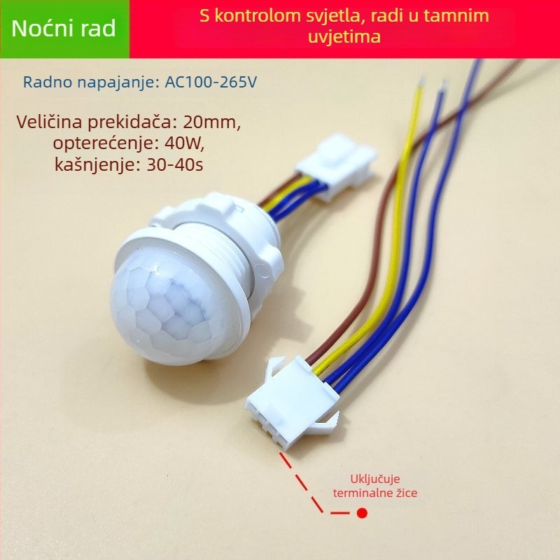 Infračveni modul senzora tijela s inteligentnim kašnjenjem za upravljanje rasvjetom, sa senzorom svjetla; kašnjenje 30–40 s; napon 110–240 V AC ili 12–36 V DC; pogodan za ormariće, dozator sapuna i rasvjetu