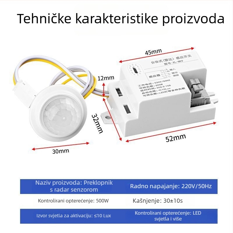 Infračveni modul senzora tijela s inteligentnim kašnjenjem za upravljanje rasvjetom, sa senzorom svjetla; kašnjenje 30–40 s; napon 110–240 V AC ili 12–36 V DC; pogodan za ormariće, dozator sapuna i rasvjetu
