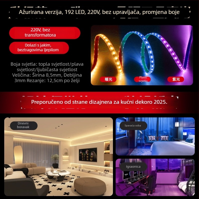 LED traka za dnevni boravak – prigušiva, 192 LED, 7W, 220V, daljinski upravljač, vodootporna, Sanan Optoelectronics LED čip