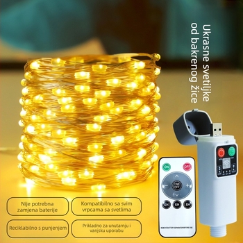 LED string svjetla s bakrenim žicom za dekoraciju - USB napajanje, daljinski upravljač, IP43, 5000 lm, regulacija jačine svjetla