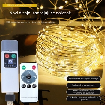 LED string svjetla s bakrenim žicom za dekoraciju - USB napajanje, daljinski upravljač, IP43, 5000 lm, regulacija jačine svjetla