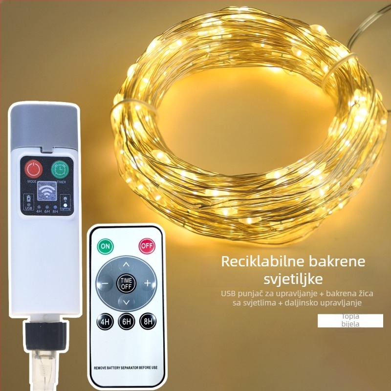 LED string svjetla s bakrenim žicom za dekoraciju - USB napajanje, daljinski upravljač, IP43, 5000 lm, regulacija jačine svjetla