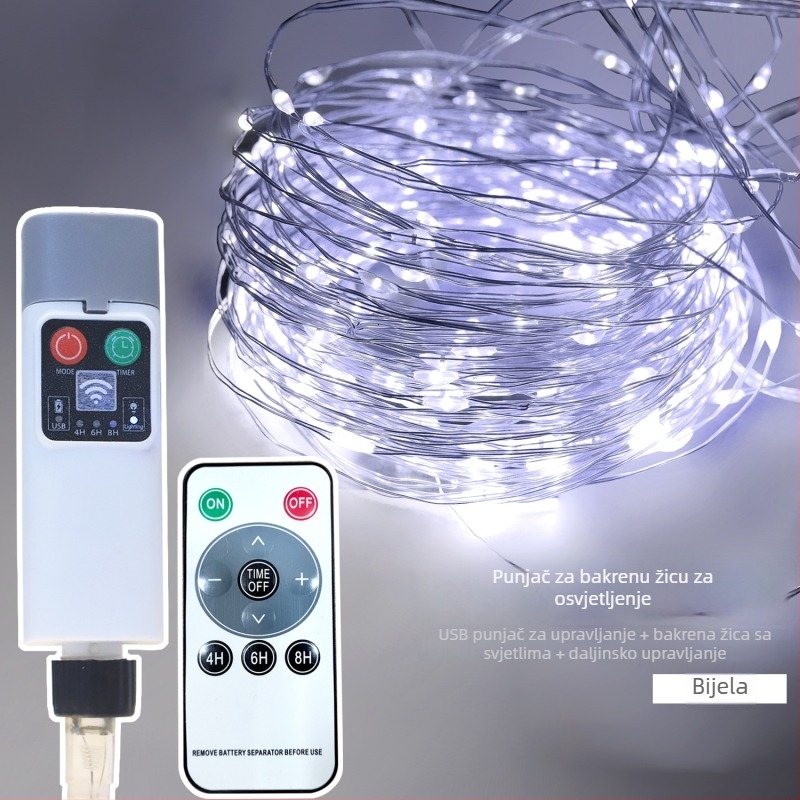 LED string svjetla s bakrenim žicom za dekoraciju - USB napajanje, daljinski upravljač, IP43, 5000 lm, regulacija jačine svjetla