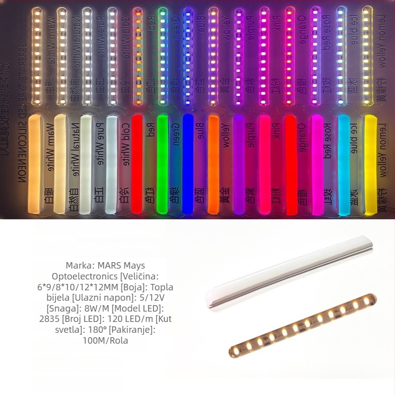 LED Podijeljeni Neon Trak — fleksibilan silikon, vodootporno vanjsko osvjetljenje za reklamu; 8W/m, 5/12V, 110/120 LED (2835), kut snopa 120°, vijek 50.000 h