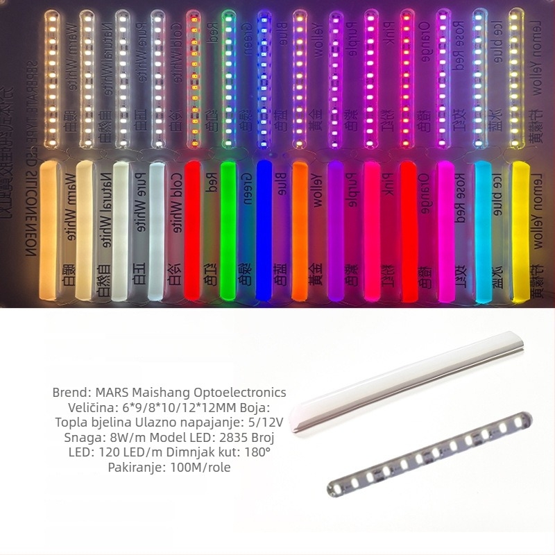 LED Podijeljeni Neon Trak — fleksibilan silikon, vodootporno vanjsko osvjetljenje za reklamu; 8W/m, 5/12V, 110/120 LED (2835), kut snopa 120°, vijek 50.000 h