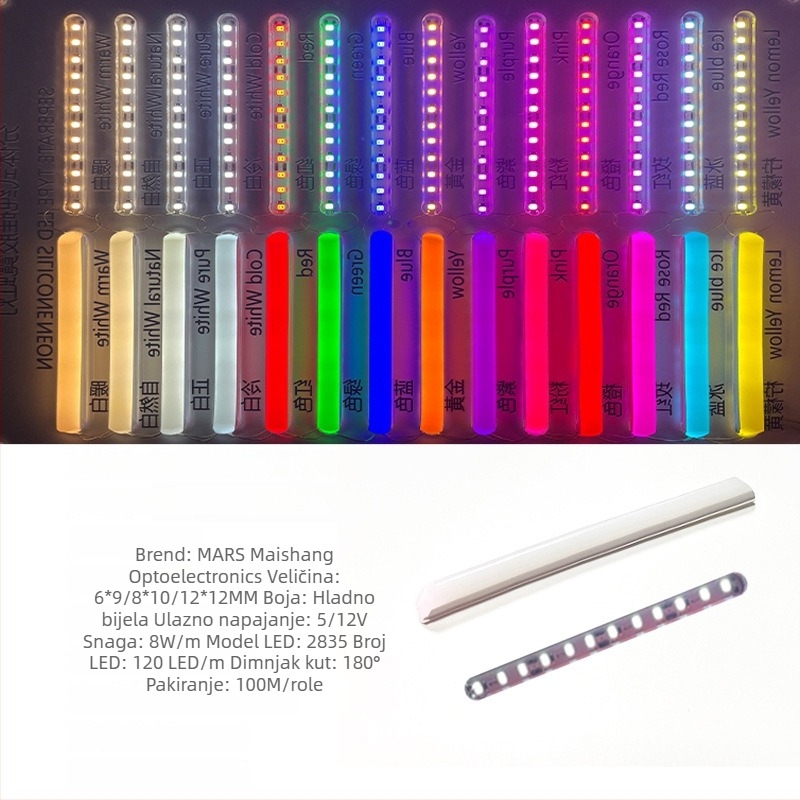 LED Podijeljeni Neon Trak — fleksibilan silikon, vodootporno vanjsko osvjetljenje za reklamu; 8W/m, 5/12V, 110/120 LED (2835), kut snopa 120°, vijek 50.000 h