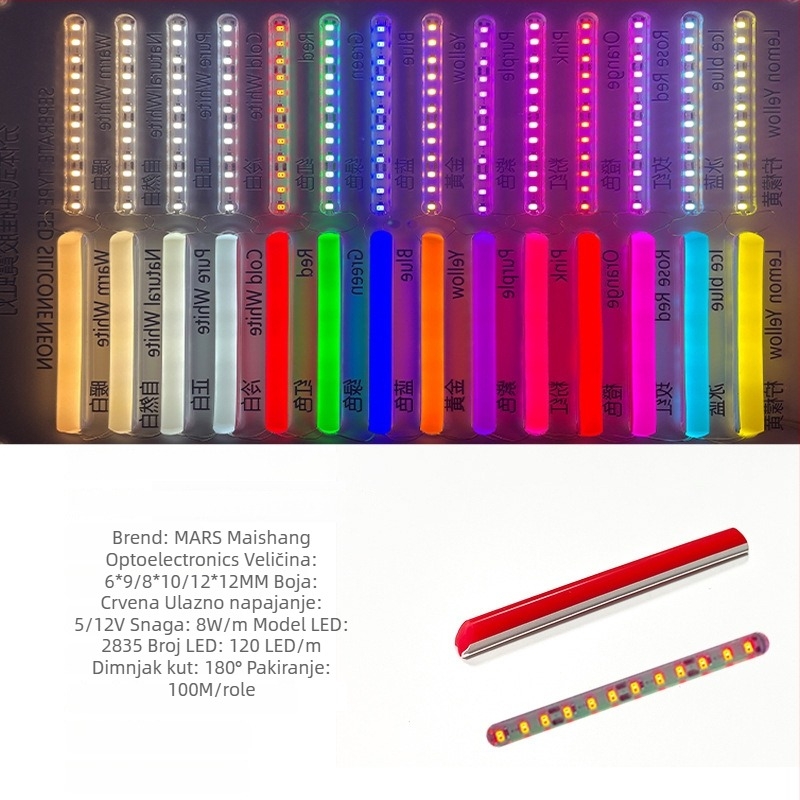 LED Podijeljeni Neon Trak — fleksibilan silikon, vodootporno vanjsko osvjetljenje za reklamu; 8W/m, 5/12V, 110/120 LED (2835), kut snopa 120°, vijek 50.000 h