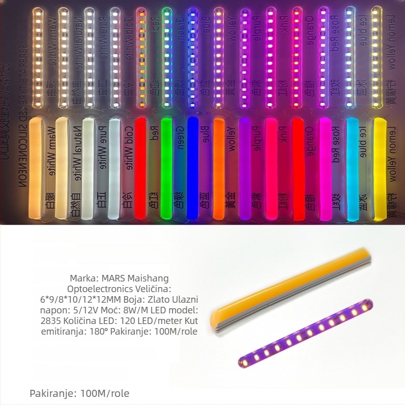 LED Podijeljeni Neon Trak — fleksibilan silikon, vodootporno vanjsko osvjetljenje za reklamu; 8W/m, 5/12V, 110/120 LED (2835), kut snopa 120°, vijek 50.000 h