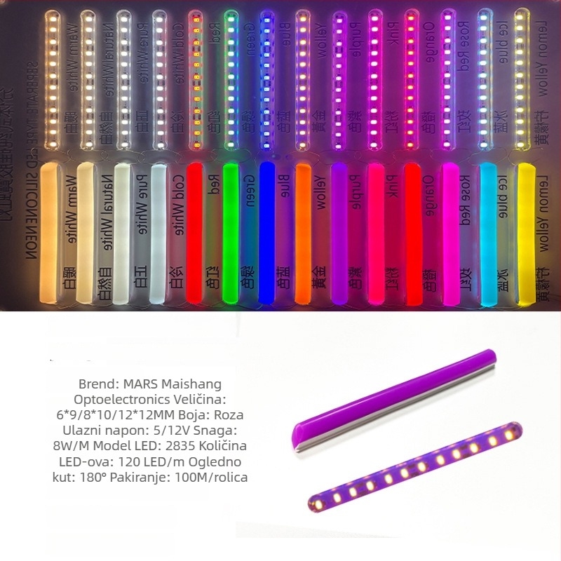 LED Podijeljeni Neon Trak — fleksibilan silikon, vodootporno vanjsko osvjetljenje za reklamu; 8W/m, 5/12V, 110/120 LED (2835), kut snopa 120°, vijek 50.000 h