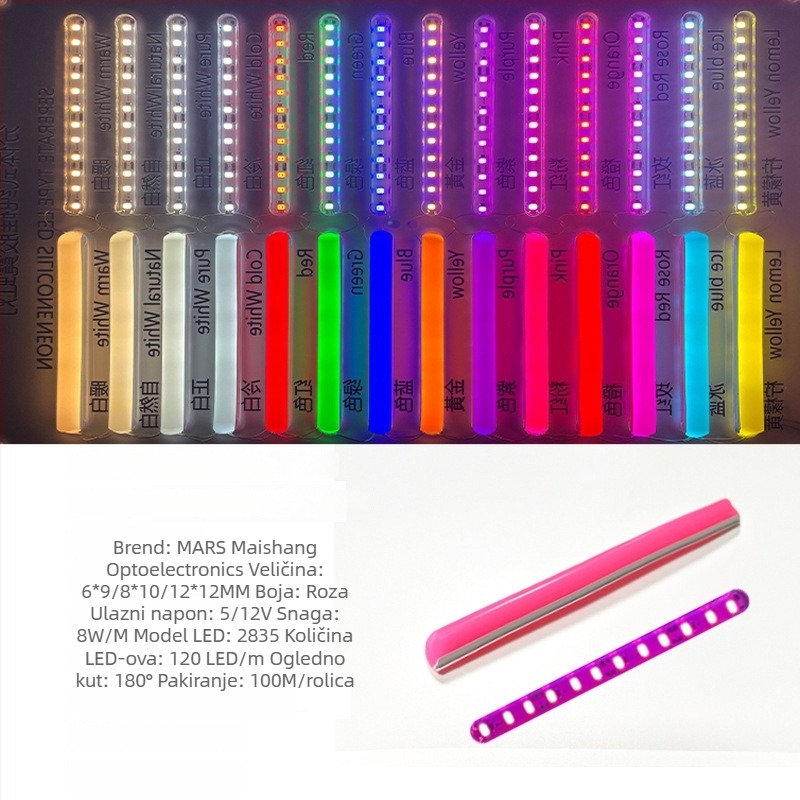 LED Podijeljeni Neon Trak — fleksibilan silikon, vodootporno vanjsko osvjetljenje za reklamu; 8W/m, 5/12V, 110/120 LED (2835), kut snopa 120°, vijek 50.000 h