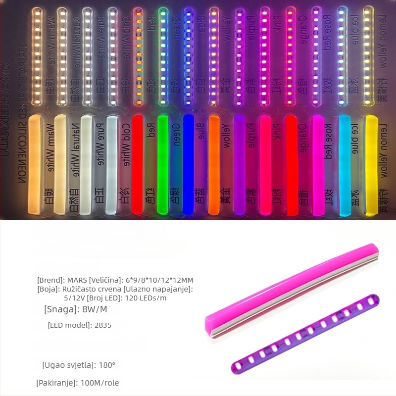 LED Podijeljeni Neon Trak — fleksibilan silikon, vodootporno vanjsko osvjetljenje za reklamu; 8W/m, 5/12V, 110/120 LED (2835), kut snopa 120°, vijek 50.000 h