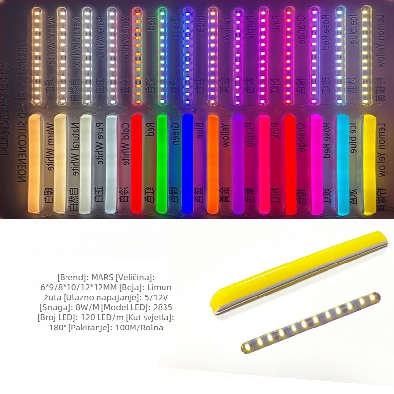 LED Podijeljeni Neon Trak — fleksibilan silikon, vodootporno vanjsko osvjetljenje za reklamu; 8W/m, 5/12V, 110/120 LED (2835), kut snopa 120°, vijek 50.000 h