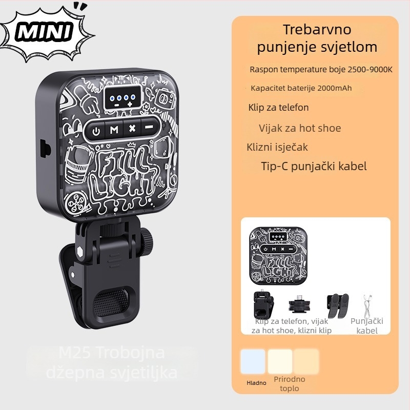M25 prijenosno svjetlo za fotografiranje za mobitele i kamere — 3,7V, baterija 18650, podesiva jačina svjetla.