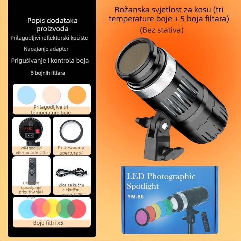 Prijenosno svjetlo za fotografiju s COB LED, 6500K hladno bijelo, podesiva jačina, E27 utičnica, 24V/3A