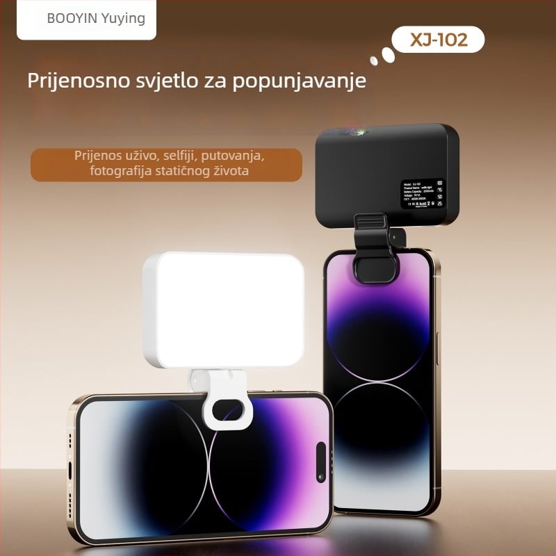 LED rasvjeta za selfije i videokonferencije, podesiva temperatura boje 2500K–9900K, snaga ispod 10W, ulaz 5V/2A, model XJ102