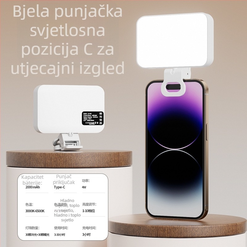 LED rasvjeta za selfije i videokonferencije, podesiva temperatura boje 2500K–9900K, snaga ispod 10W, ulaz 5V/2A, model XJ102
