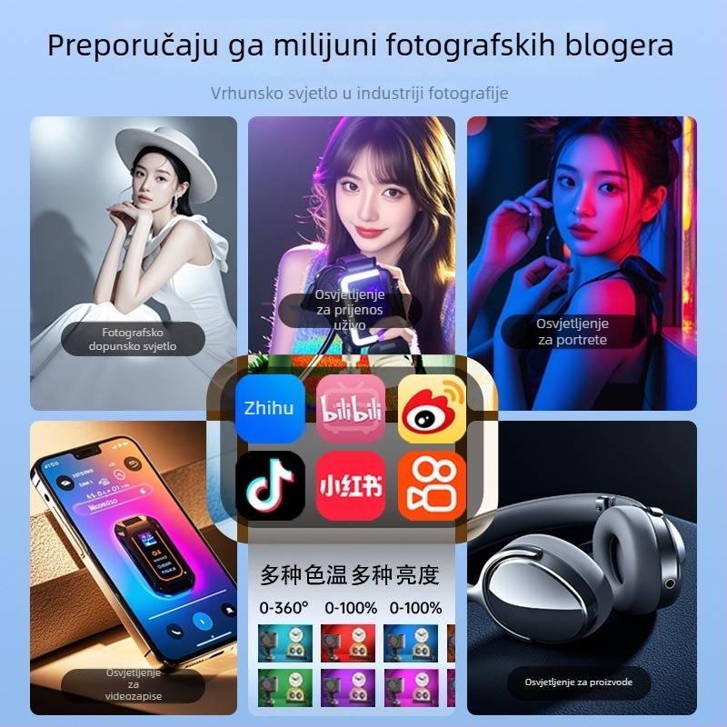 Prijenosno RGB osvjetljenje za osvjetljavanje fotografija na mobitelu — ručna selfie lampica s višestupanjskim podešavanjem svjetla, max. 10W, 3,7V, prilagodljivo procesiranje