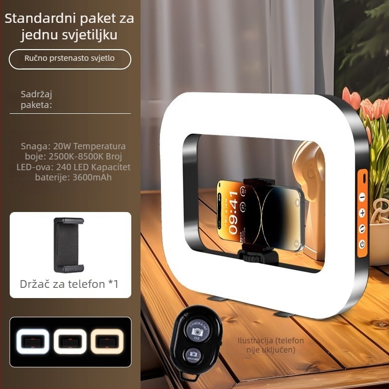 Ručna LED prstenasta svjetiljka sa držačem za telefon, YM-200, prilagodljiva temperatura boje 2500K-9900K, snaga 10-50W, napon 5V