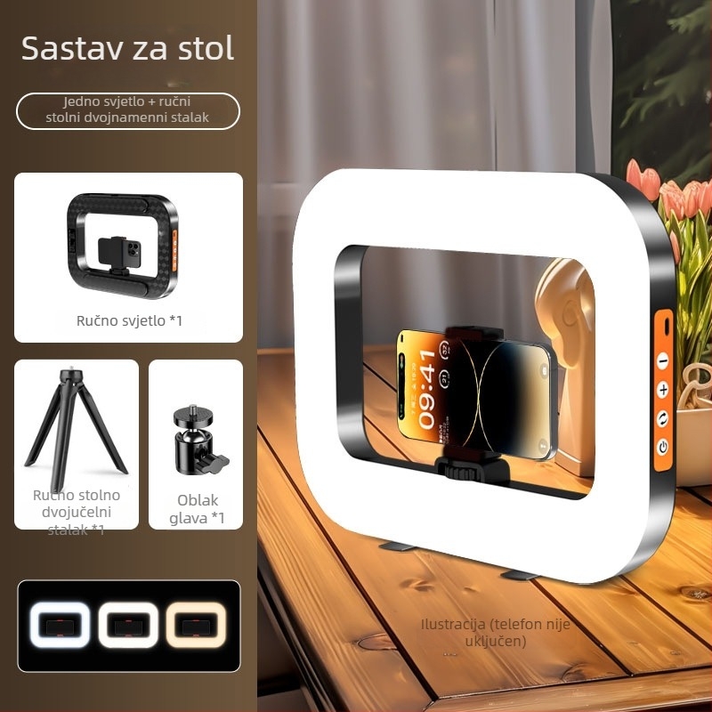 Ručna LED prstenasta svjetiljka sa držačem za telefon, YM-200, prilagodljiva temperatura boje 2500K-9900K, snaga 10-50W, napon 5V