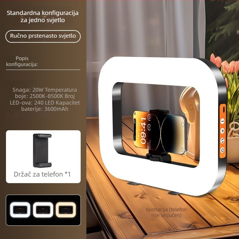 Ručna LED prstenasta svjetiljka sa držačem za telefon, YM-200, prilagodljiva temperatura boje 2500K-9900K, snaga 10-50W, napon 5V