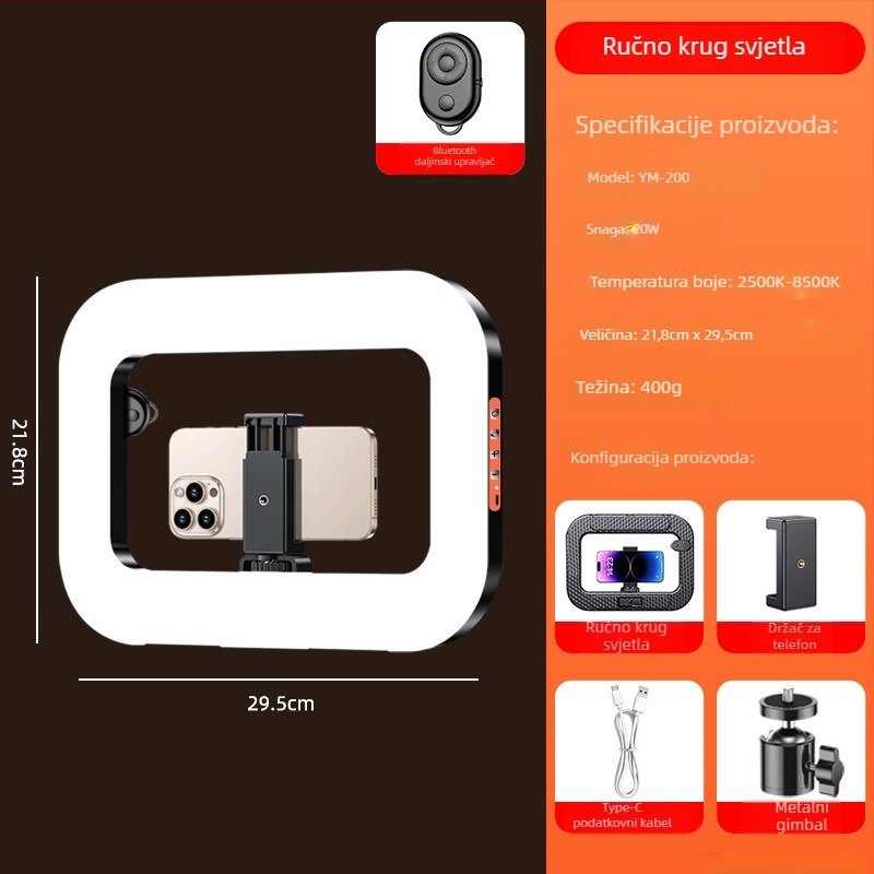 Prijenosna LED ring svjetiljka za selfie i live stream na mobitelu, s ugrađenom baterijom, napajanje 5V, snaga 10–50W