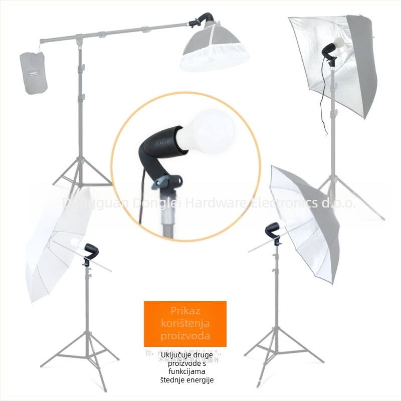 Fotografska jedinstvena glava lampe s E27, univerzalni nosač, reflektirajući kišobran i nježno LED dopunsko osvjetljenje; jačina svjetla prilagodljiva; napajanje nije uključeno