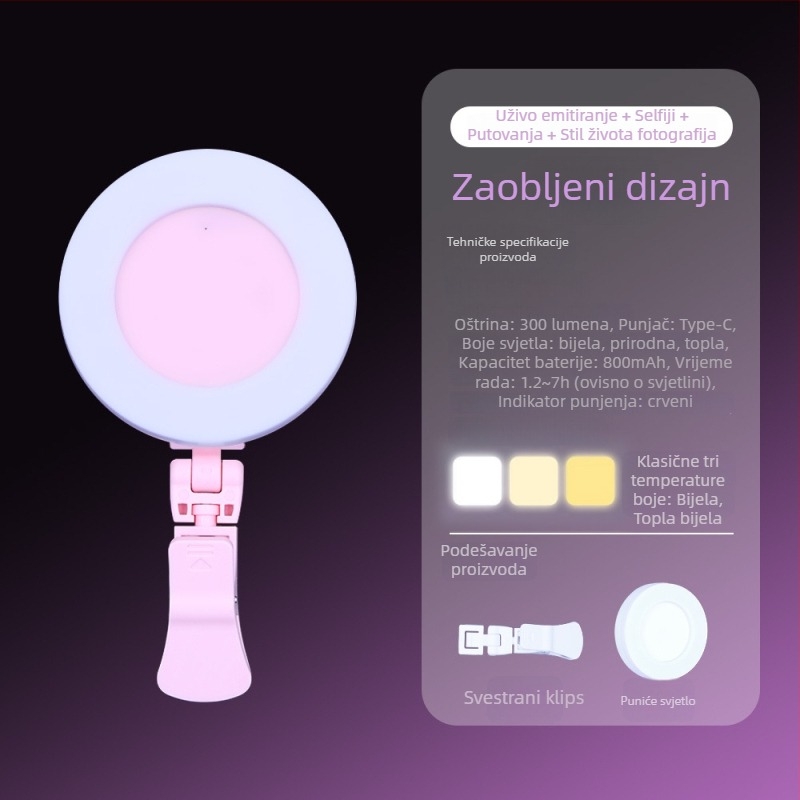 Mali LED rasvjeta za dopunjavanje, ručna, s mogućnošću podešavanja svjetline i tri boje temperature za livestream i fotografiju