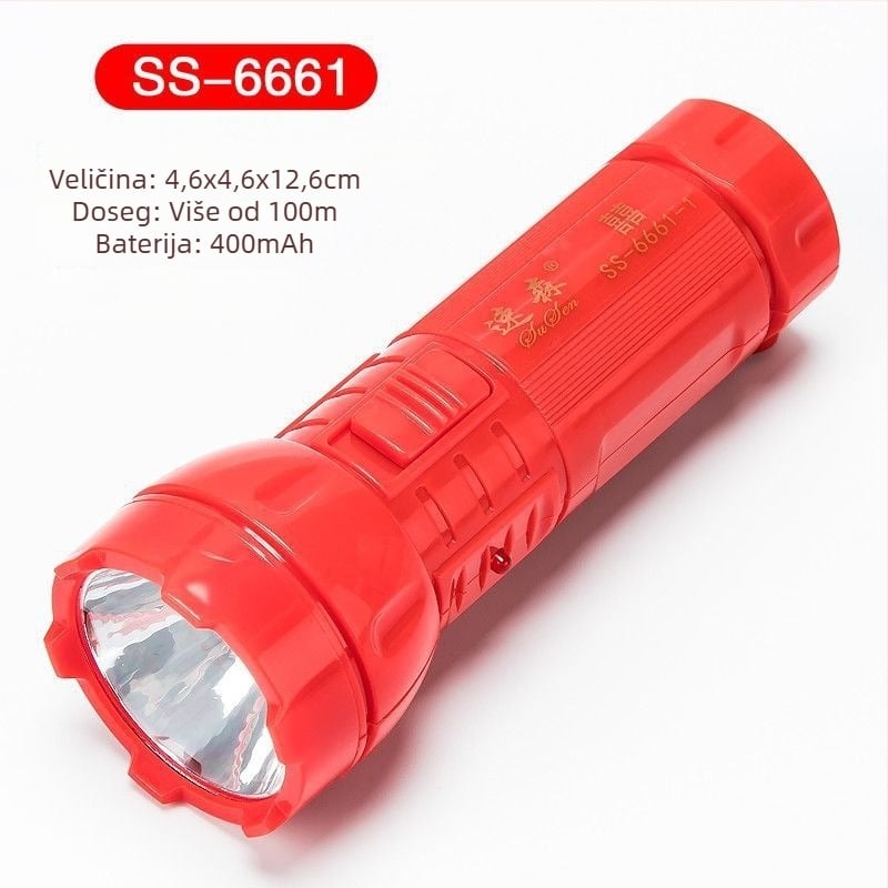 Hitna LED prijenosna baterijska svjetiljka – Susen, 3W LED, ručno napajanje, 500 mAh baterija, ponovno punjiva uz uključeni punjač, domet zrake 100–200 m