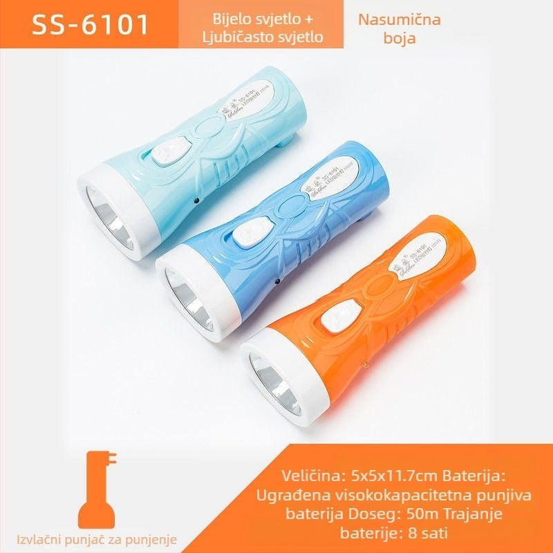 Hitna LED prijenosna baterijska svjetiljka – Susen, 3W LED, ručno napajanje, 500 mAh baterija, ponovno punjiva uz uključeni punjač, domet zrake 100–200 m