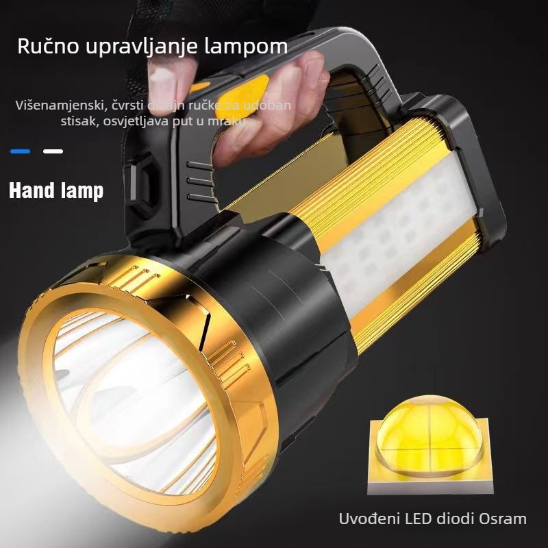 Ručno pokretanje, prenosna punjiva svjetiljka, 20 W, 2400 mAh, 360° rotacija, domet 100–200 m
