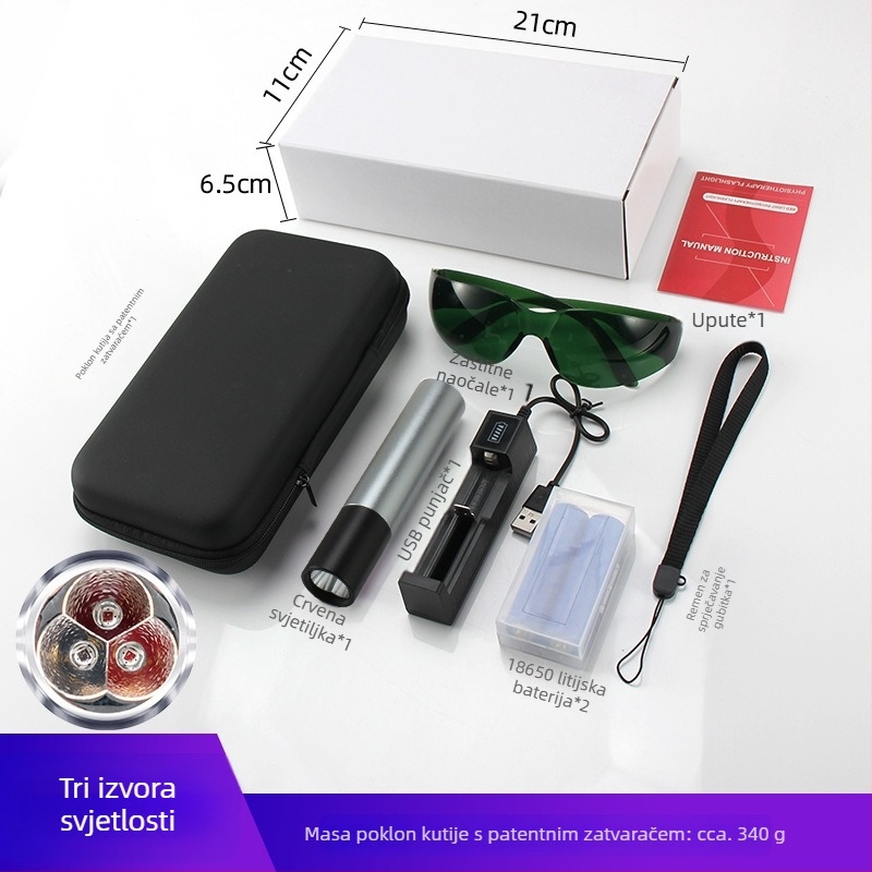 Ručna LED svjetiljka s IR 630/660/850 nm, 3×1,5W LED, baterija 1800mAh, uključen punjač, zaštita od prepunjenja