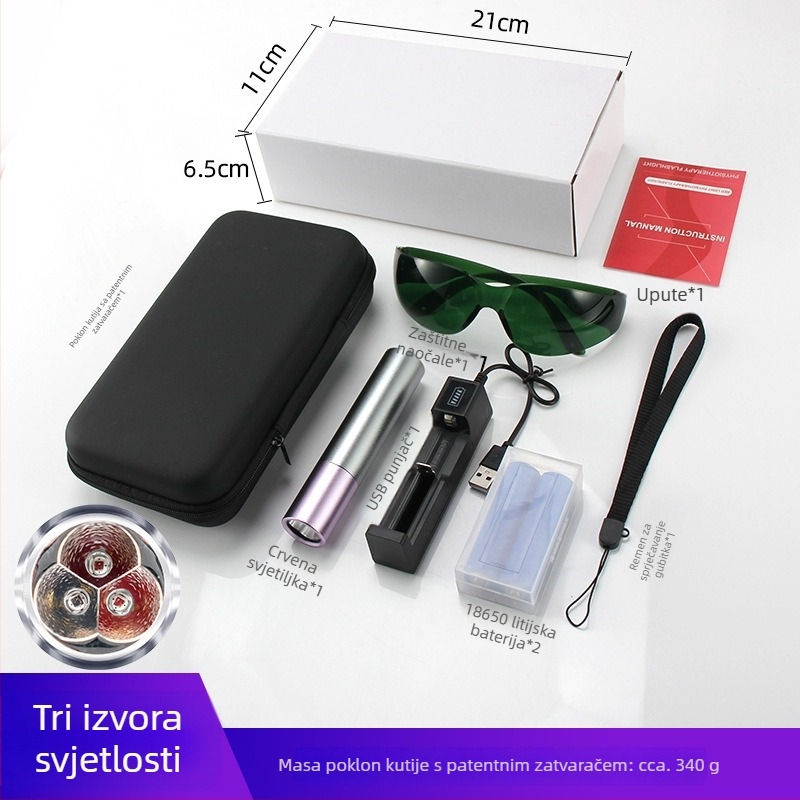 Ručna LED svjetiljka s IR 630/660/850 nm, 3×1,5W LED, baterija 1800mAh, uključen punjač, zaštita od prepunjenja