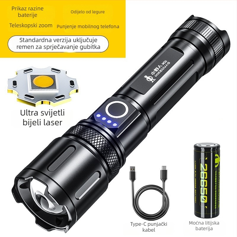 Kamperska svjetiljka s podesivim zumom, nužno osvjetljenje, ručno punjenje i funkcija power bank, domet 200-500 m