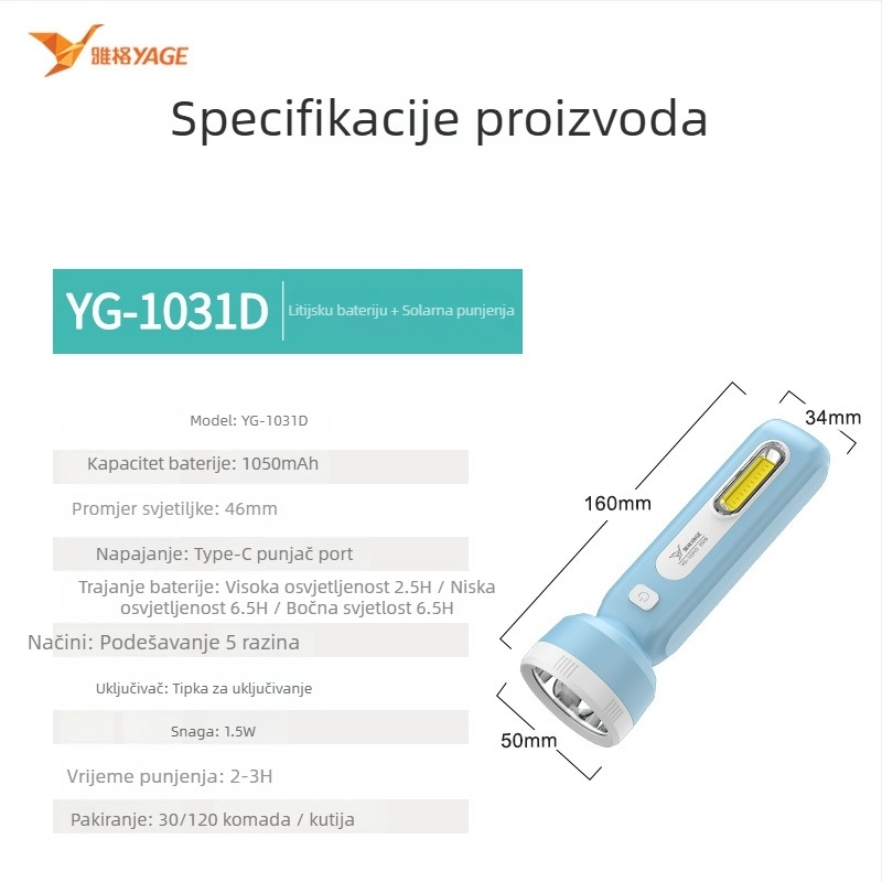 Yagrids LED mini punjiva svjetiljka s ručnim punjenjem, 1500 mAh baterija, 360° okret, domet zrake do 500 m